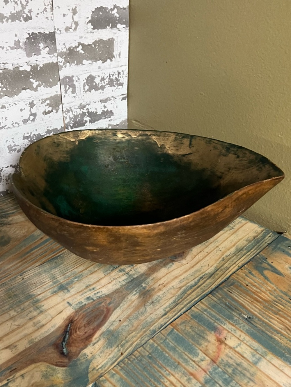 Vintage Leaf Shape Rustic Large Wooden Dough Bowl With Green Patina